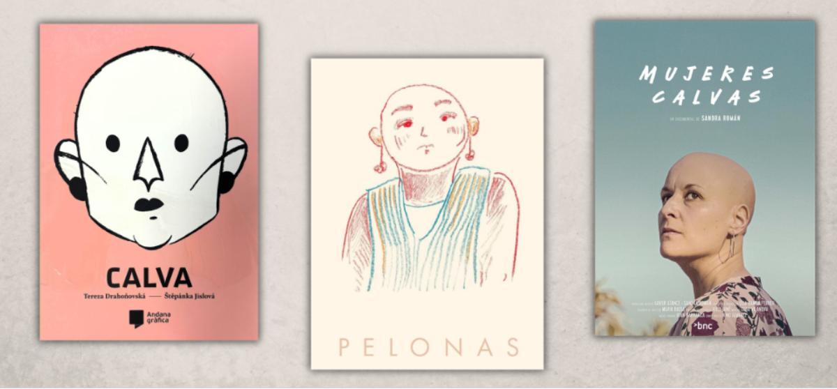 Portada de las tres obras recientes que abordan la realidad de las mujeres calvas.