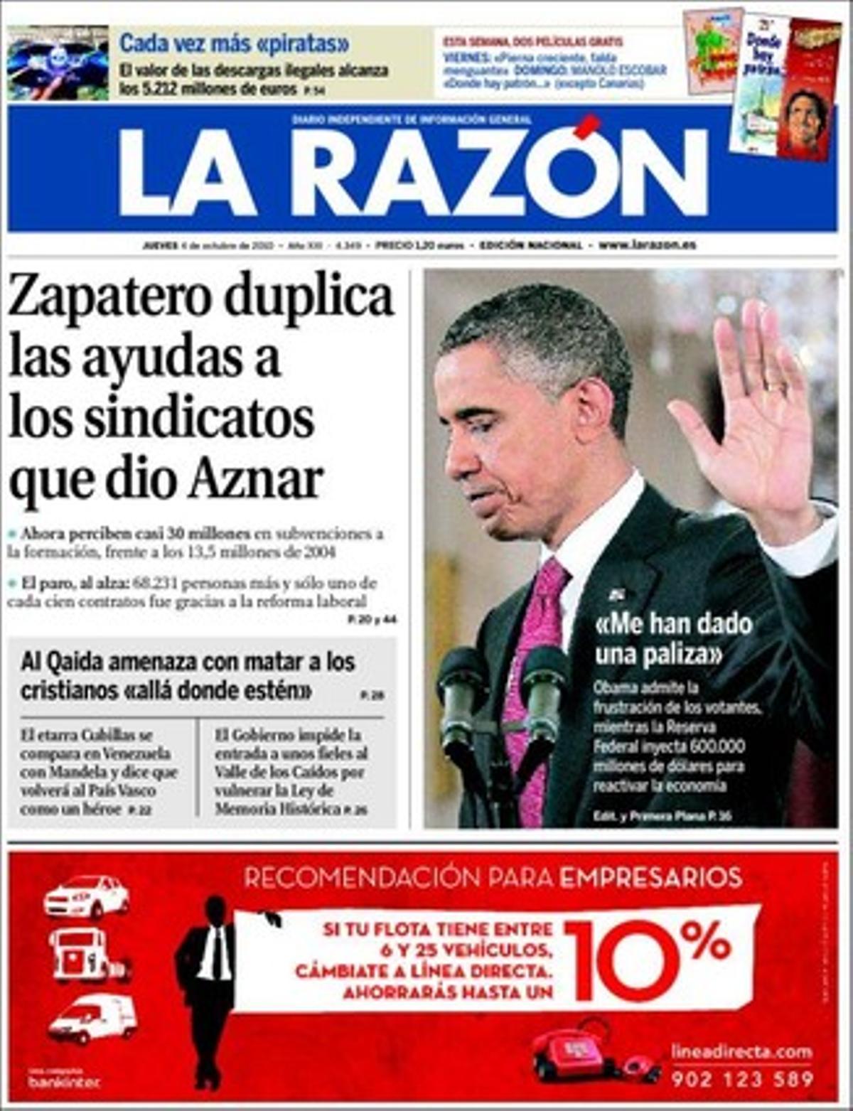 A les pàgines interiors ’La Razón’ informa que Trinidad Jiménez calla davant de l’atac del Marroc a la premsa espanyola; que el Govern impedeix anar a missa a desenes de fidels al Valle de los Caídos; i que més de 800.000 persones consumeixen cocaïna a Espanya, encara que la ministra Leire Pajín anuncia una disminució del consum del 0,5%.