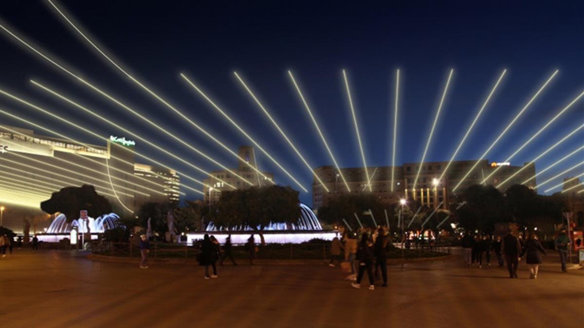 Imagen virtual de cómo será, vista lateralmente, la iluminación de la plaza de Catalunya esta Navidad.