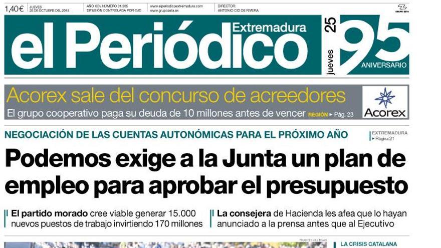 Esta es la portada de EL PERIÓDICO EXTREMADURA correspondiente al día 25 de octubre del 2018