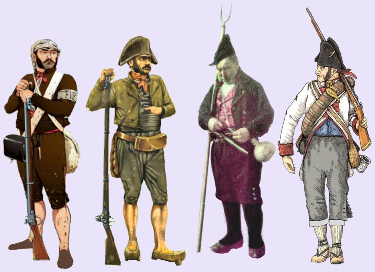Diferentes uniformes e armamento de milicianos galegos.