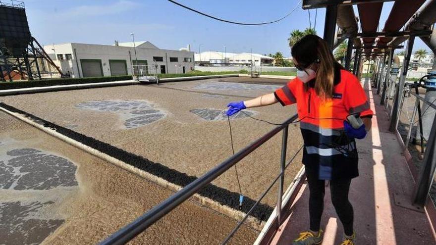 Una operaria de Aigües d’Elx comprueba los parámetros de los fangos acumulados en los tanques de una depuradora.  | INFORMACIÓN
