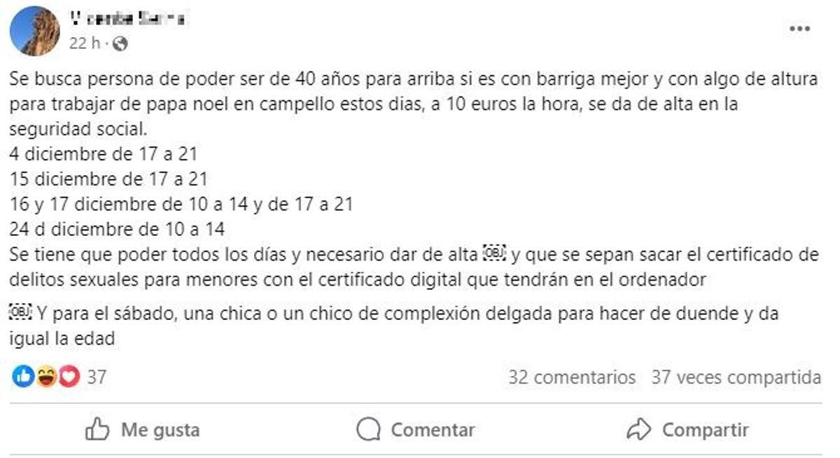 Captura de pantalla de la oferta de empleo publicada en el grupo de Facebook 'Yo compro en Alicante