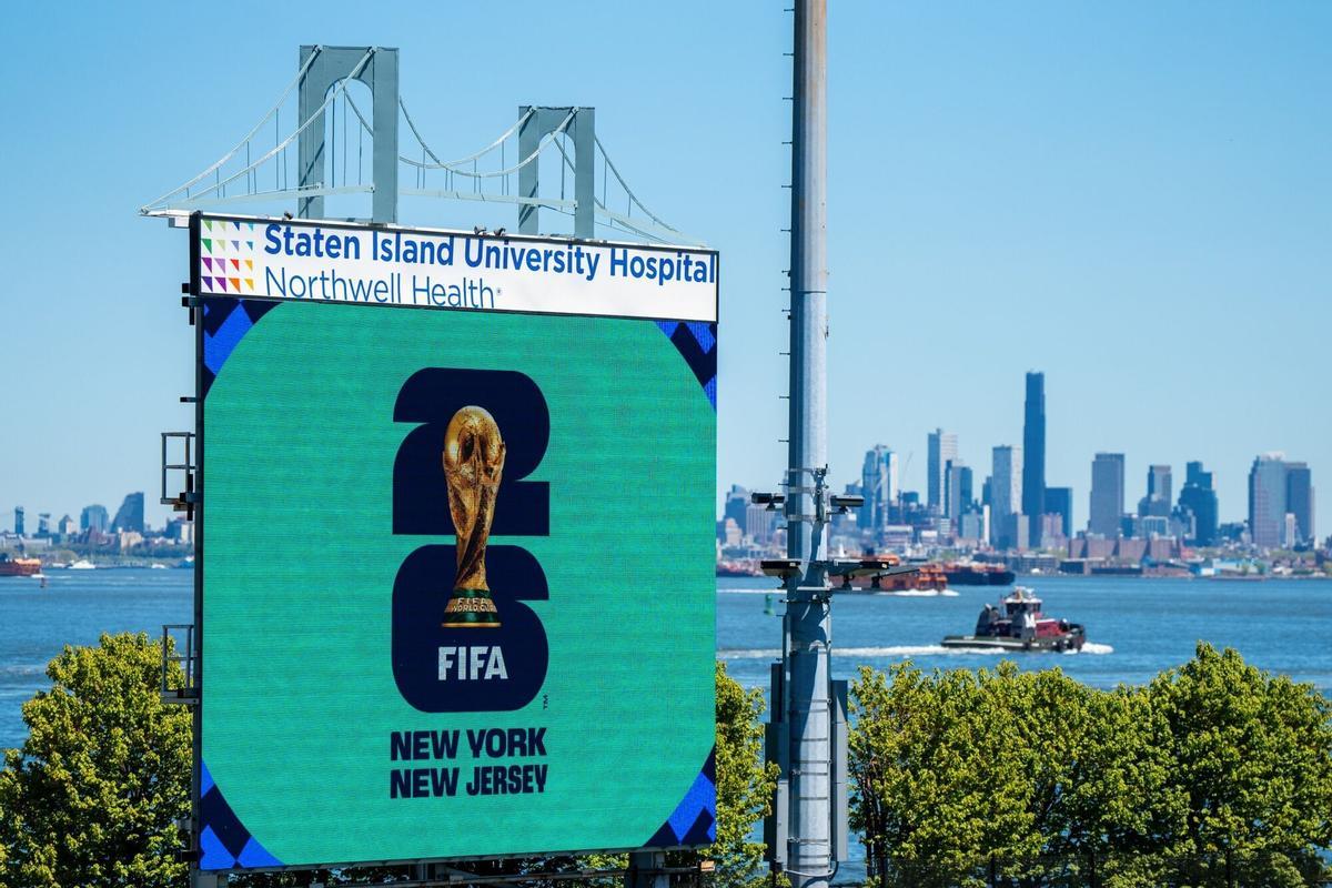 FIFA World Cup signage at the Staten Island University Hospital Park Minor League Baseball Stadium in the Staten Island borough of New York, US, on Monday, April 27, 2026. New York City Mayor Zohran Mamdani and New York Governor Kathy Hochul are announcing a free fan zone program for the 2026 FIFA World Cup. Photographer: Angelina Katsanis/Bloomberg