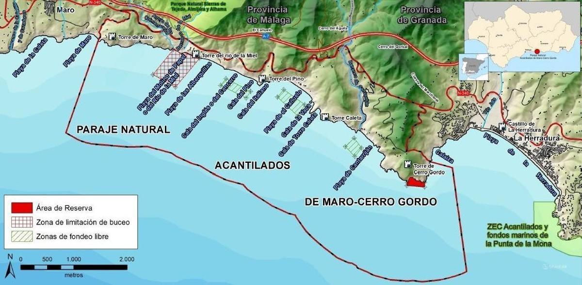 Mapa que limita las áreas de fondeo y los puntos más sensibles del paraje.