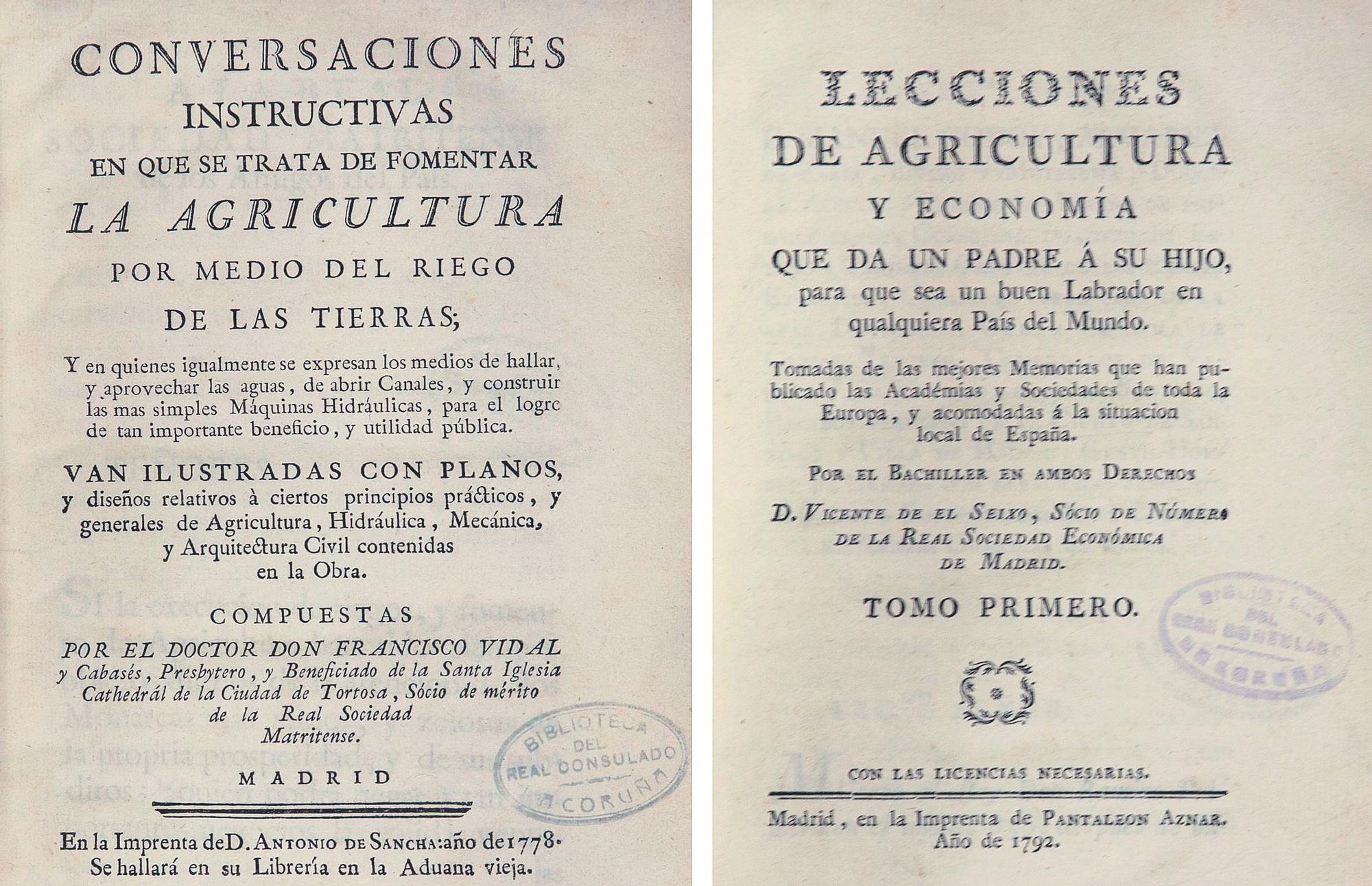 &#039;Lecciones de agricultura y economía&#039; (1778) y &#039;Conversaciones instructivas&#039; (1792), dos obras para instruir a los labradores, uno de los objetivos de la Biblioteca del Real Consulado.