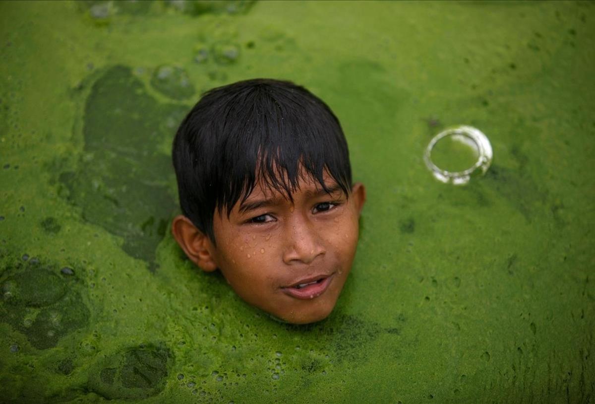 Un niño nada en un estanque cubierto de algas en Bhaktapur, Nepal.