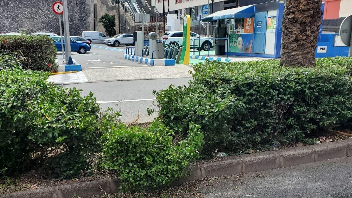 El parterre y la barrera del aparcamiento de la Subida de Mata que el conductor se llevó por delante.