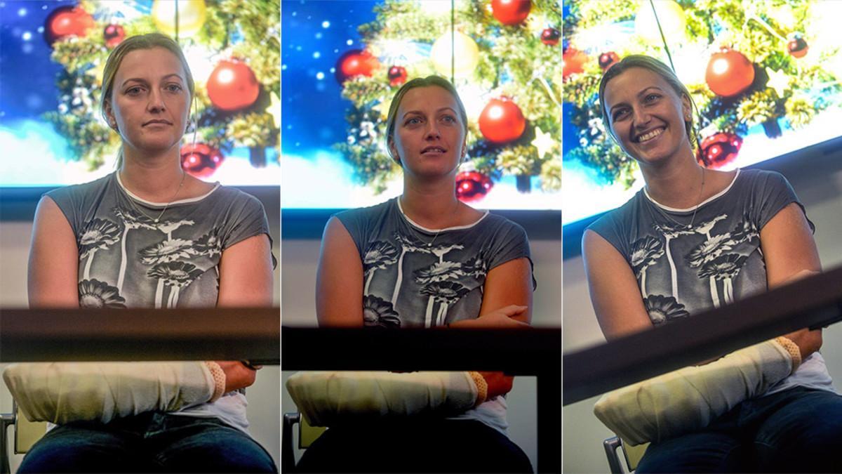 Petra Kvitova dio una rueda de prensa al salir del hospital. Se puede apreciar la mano izquierda protegida con un vendaje espectacular