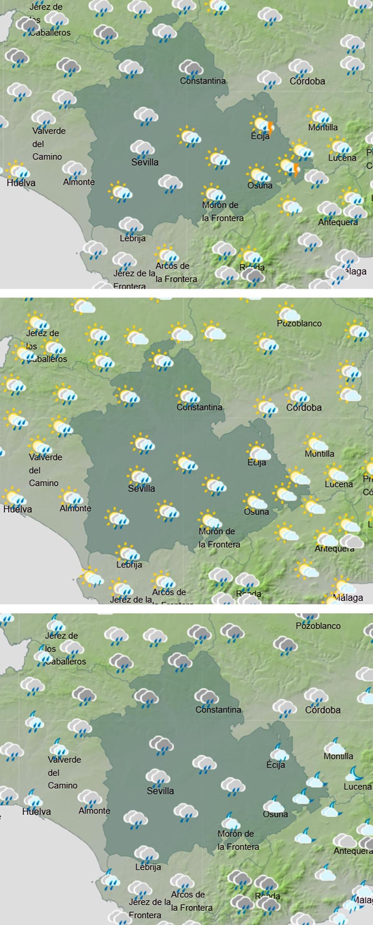 El tiempo en Sevilla el sábado (arriba a abajo): 00.06 a 12.00 horas, 18.00 a 24.00 horas, y ya el domingo de 00.00 a 06.00 horas.