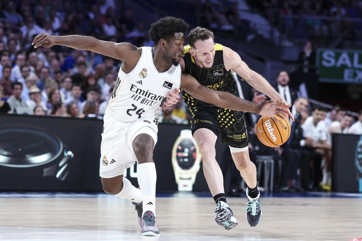 Andres Feliz of Real Madrid and Marcelinho Huertas of La Laguna Tenerife in action during the Spanish League, Liga ACB Endesa, basketball Quarter Finals Game 1 match played between Real Madrid and La Laguna Tenerife at Movistar Arena on June 02, 2026, in