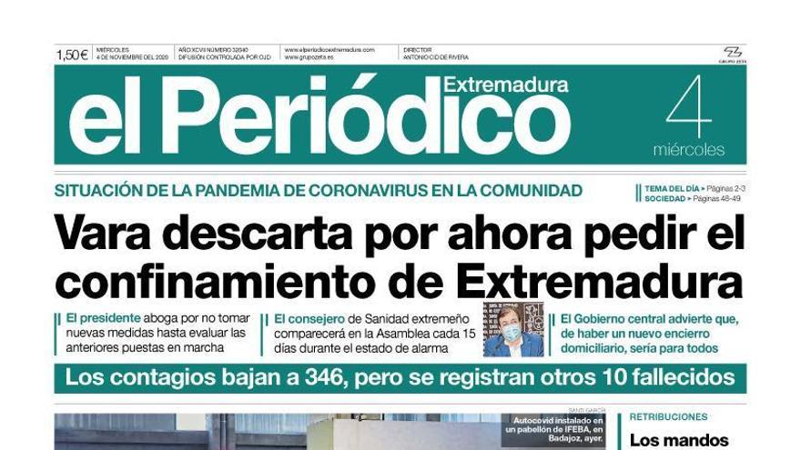 Esta es la portada de EL PERIÓDICO EXTREMADURA correspondiente al día 4 de noviembre del 2020