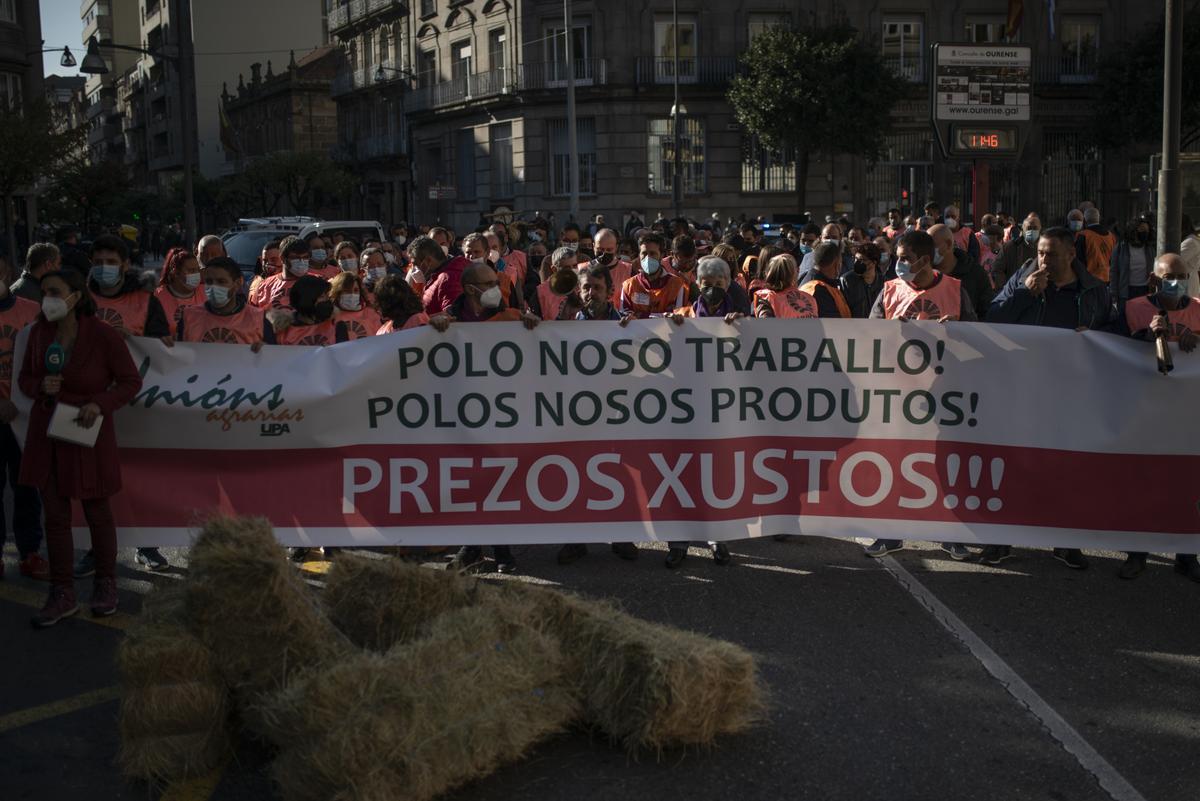 Cabecera de la manifestación de ganaderos de ayer, para reclamar precios justos. // BRAIS LORENZO