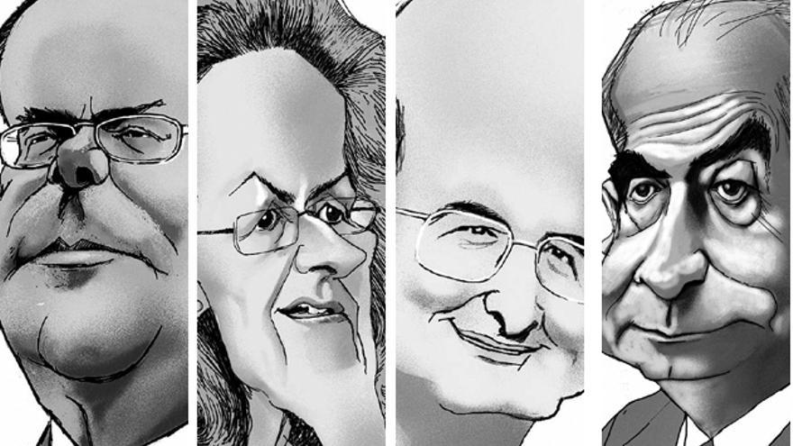 Caricaturas de los cuatros candidatos al rectorado de la Universidad de Oviedo.