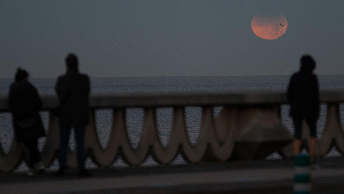 Tres personas observan un eclipse lunar parcial desde A Coruña.