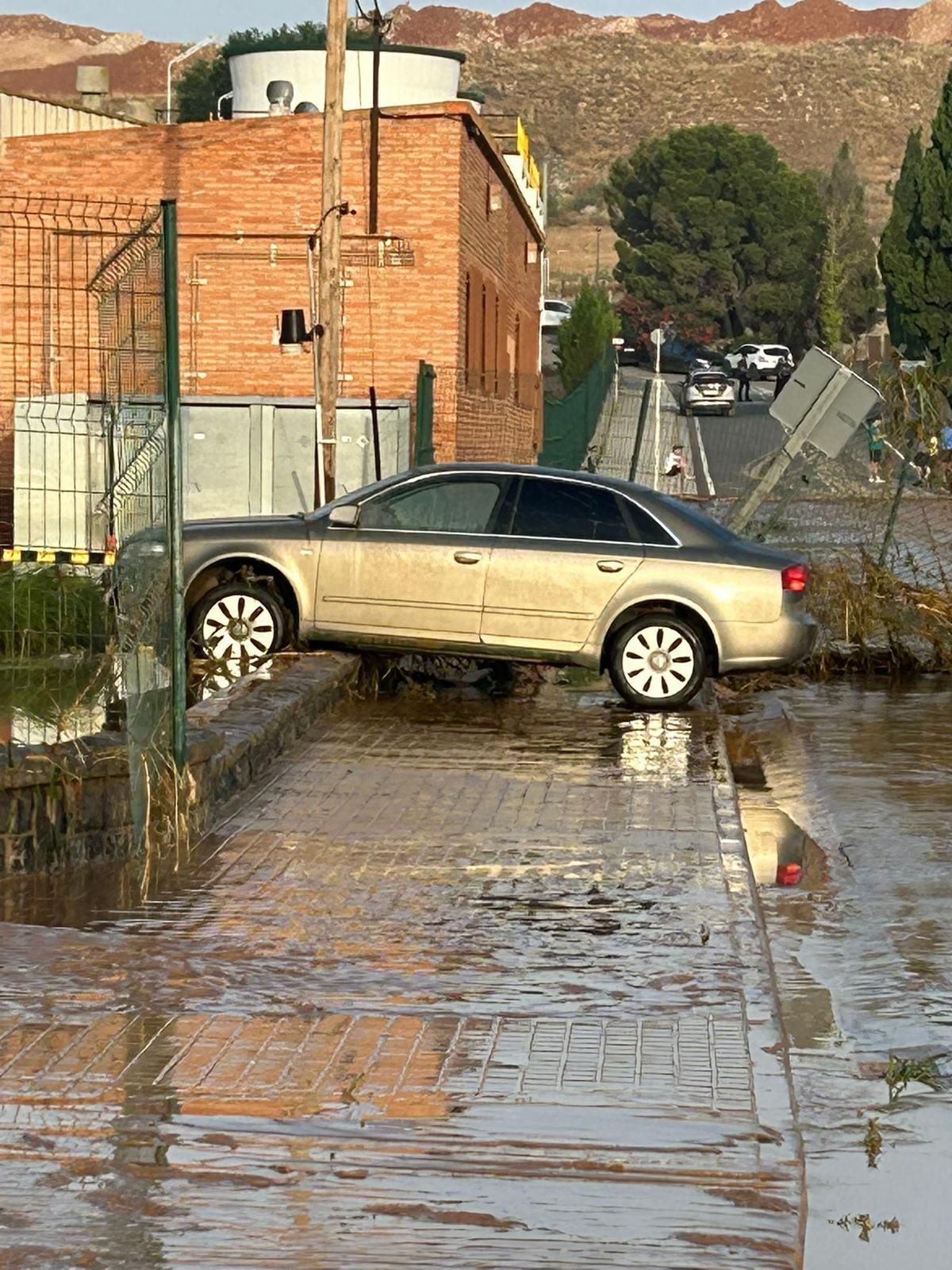 Uno de los coches arrastrados por la corriente en la empresa de La Zaida.