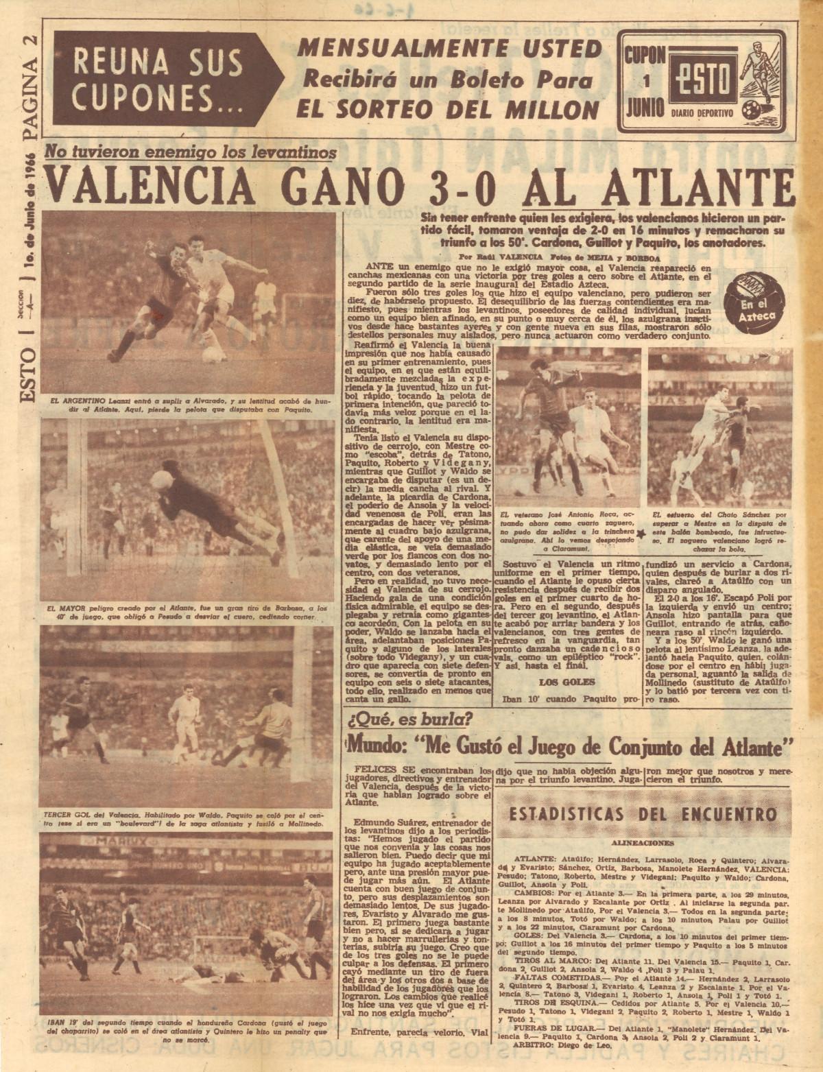 Periódico mexicano con la crónica de aquel primer partido en el Azteca