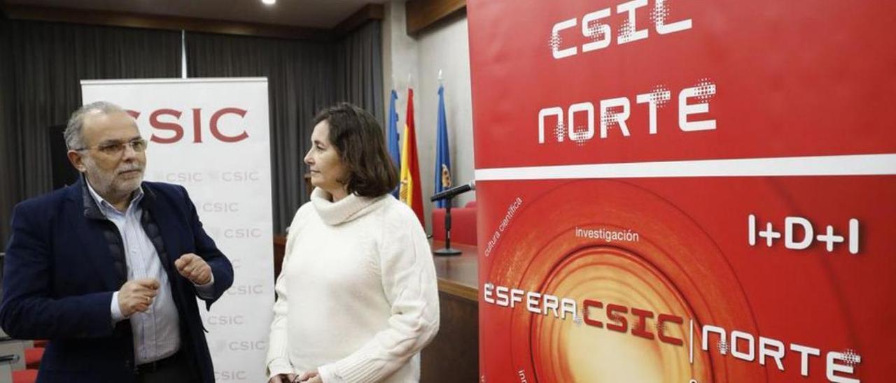 El vicepresidente primero de la Cámara de Comercio de Oviedo, José Manuel Ferreira, y la delegada del CSIC en Oviedo, María Fernández, ayer, junto al cartel de “Esfera CSIC Norte”. | Luisma Murias