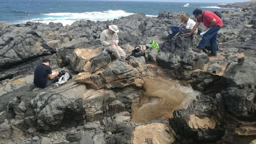 Investigadores de la ULL, la ULPGC y el Museo de Ciencias Naturales de Barcelona examinando las rocas en la Isla. | | LP/DLP