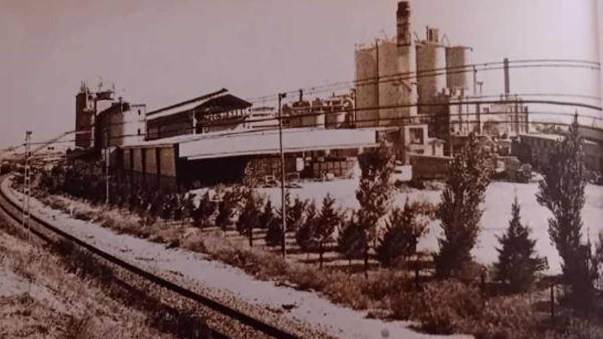 La cementera, con las vías del tren en primer término, en una imagen recogida en el libro