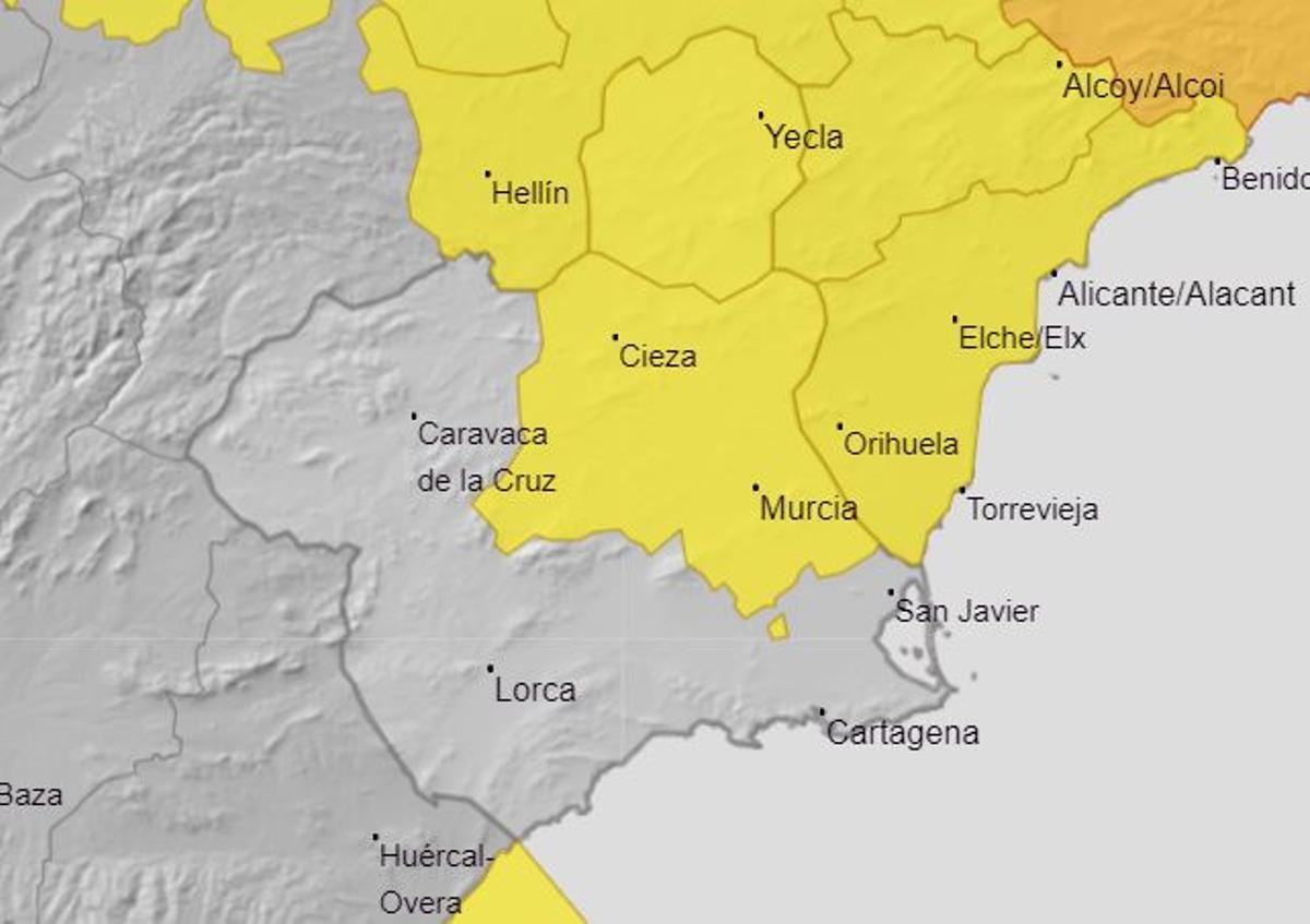 Zonas en alerta amarilla en la Región de Murcia
