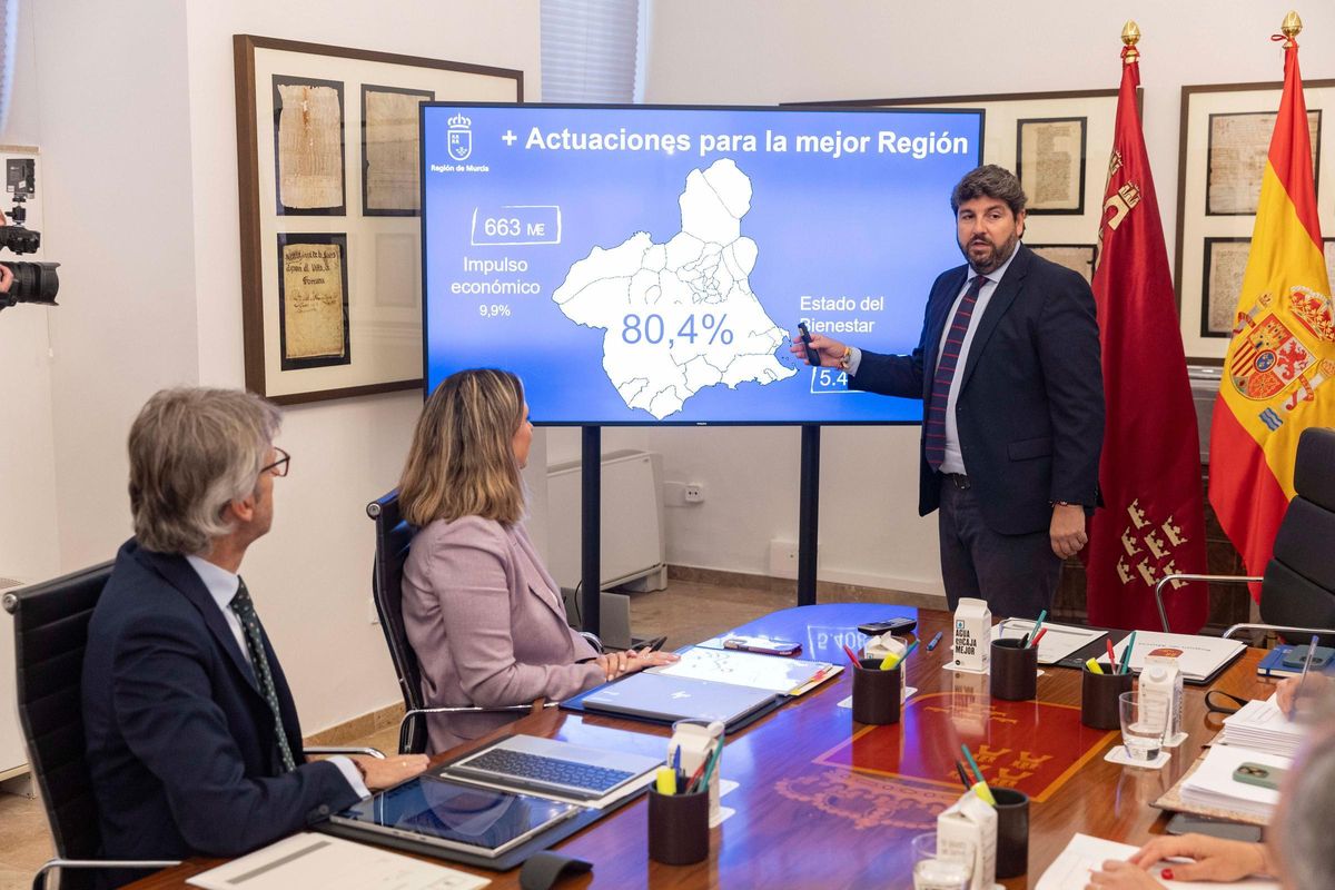 El presidente de la Comunidad, Fernando López Miras, explica los presupuestos de la Comunidad a los consejeros de su gobierno.