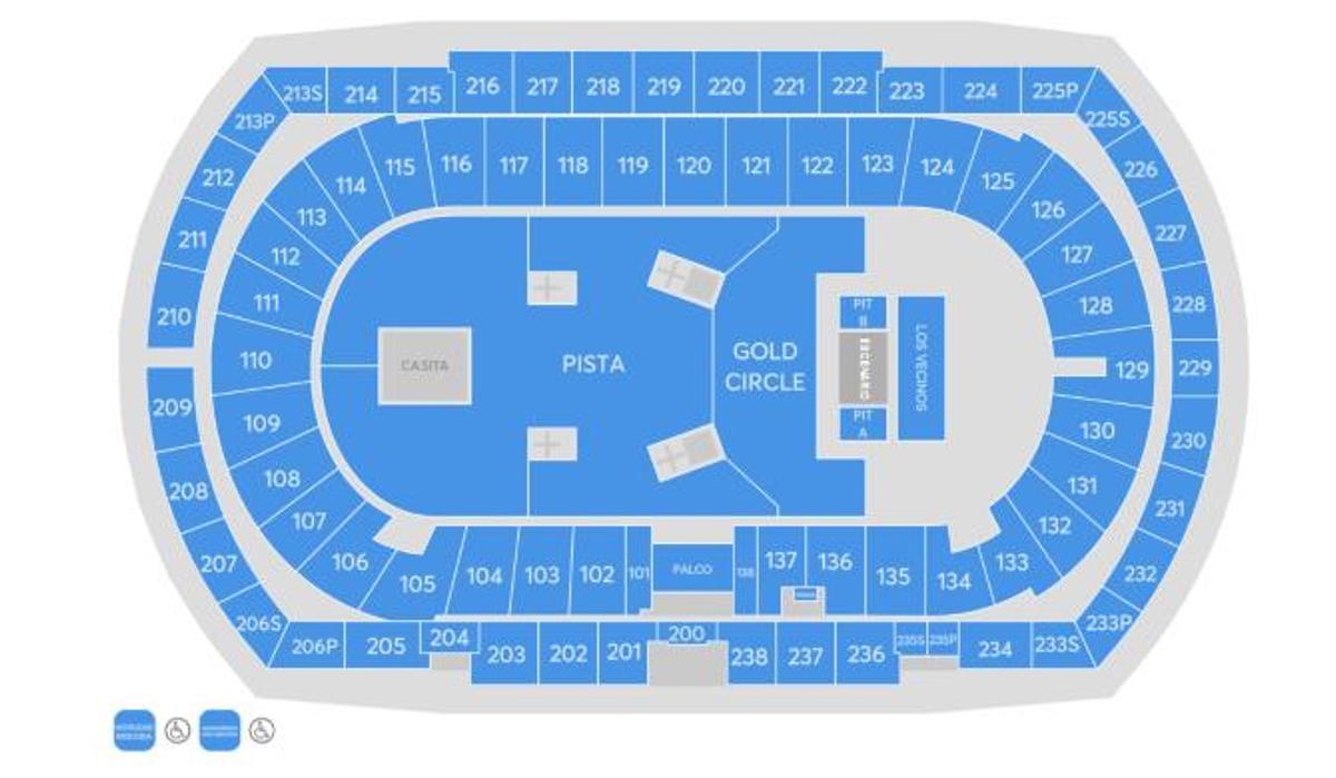 Mapa de la distribución de los espacios de los conciertos de Bad Bunny el Estadi Olímpic, con el espacio 'Los vecinos' a la derecha.