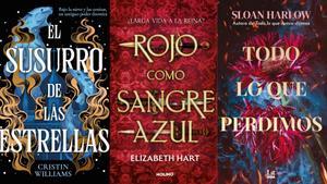 Las portadas de las novelas El susurro de las estrellas, Rojo como sangre azul, y Todo lo que perdimos