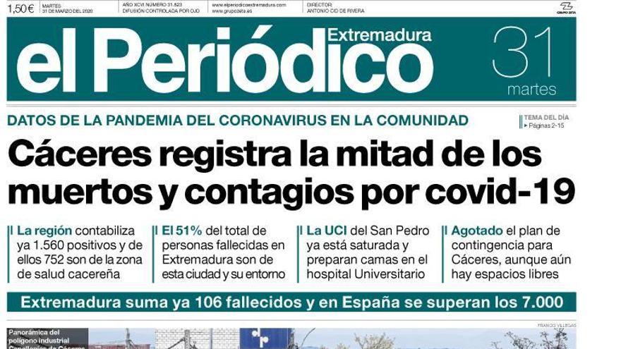 Esta es la portada de EL PERIÓDICO EXTREMADURA correspondiente al día 31 de marzo del 2020