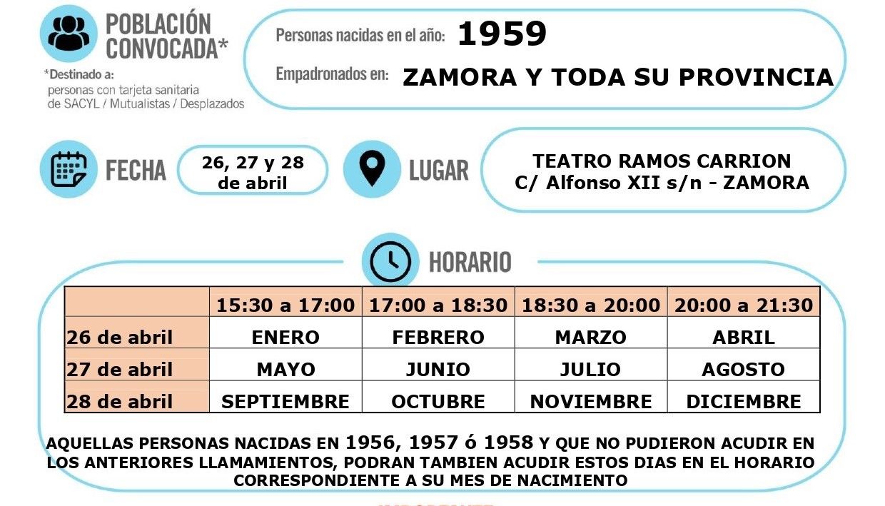 Horario de vacunación para los nacidos en 1959 en el Teatro Ramos Carrión de Zamora