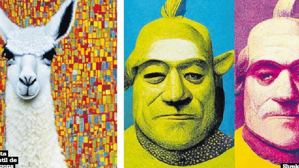 Una llama realista integrada en l'estil de Gustav Kliment segons la IA Stable Diffusion/Shrek, Sancho Panza i Don Quixot, barrejats per la intel·ligència artificial.