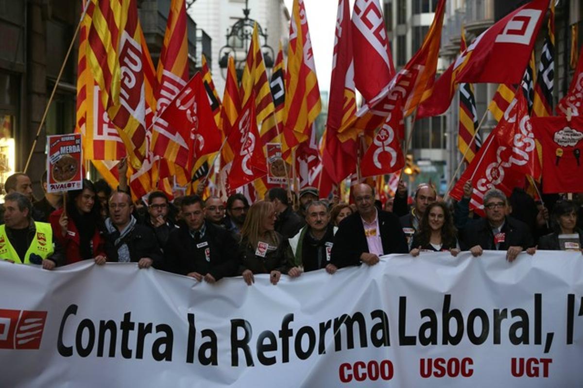 Manifestación contra la reforma laboral, en febrero del 2014 en Barcelona. Manifestación contra la reforma laboral, en febrero del 2014 en Barcelona.