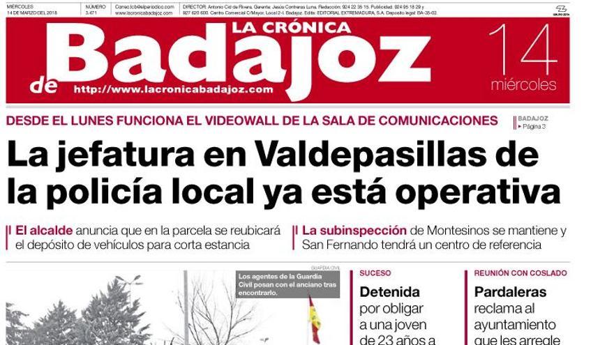 Esta es la portada de LA CRÓNICA DE BADAJOZ correspondiente al día 14 de marzo del 2018