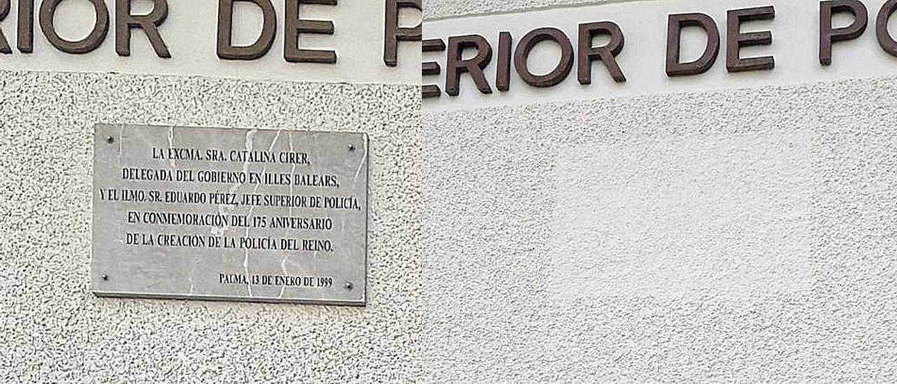 El hueco dejado por la placa desaparecida en la entrada de la Jefatura de Policía de Palma.