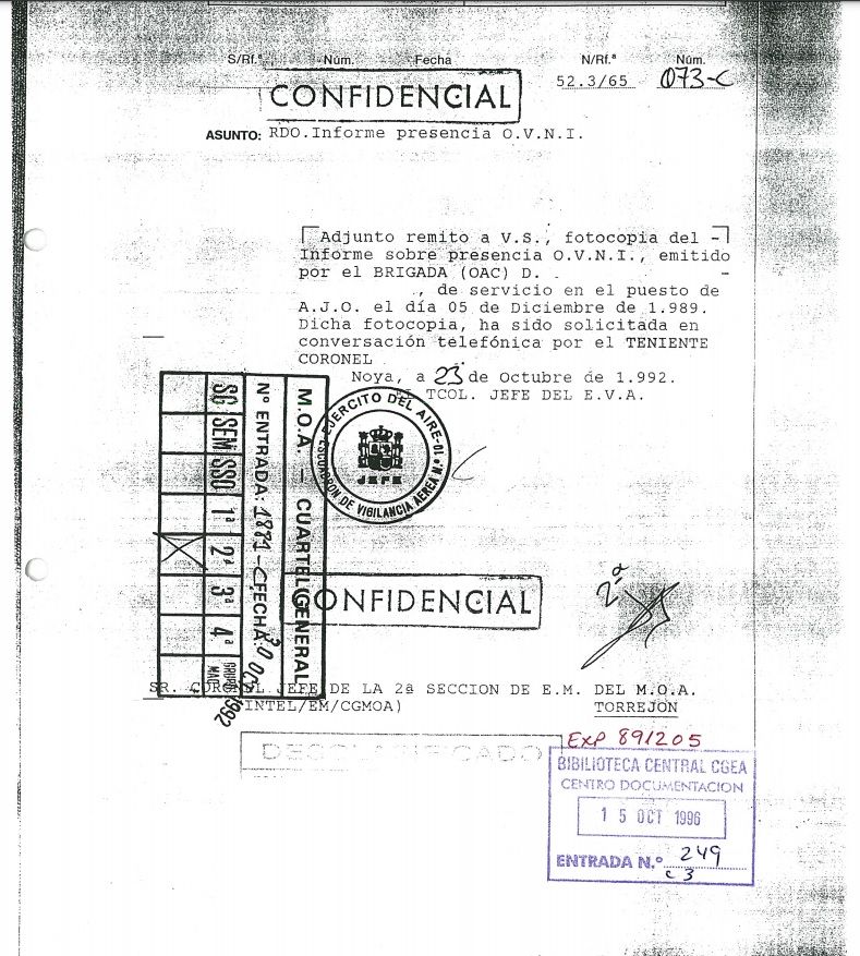 Extracto del informe oficial de Defensa sobre el avistamiento en Noia en 1989.