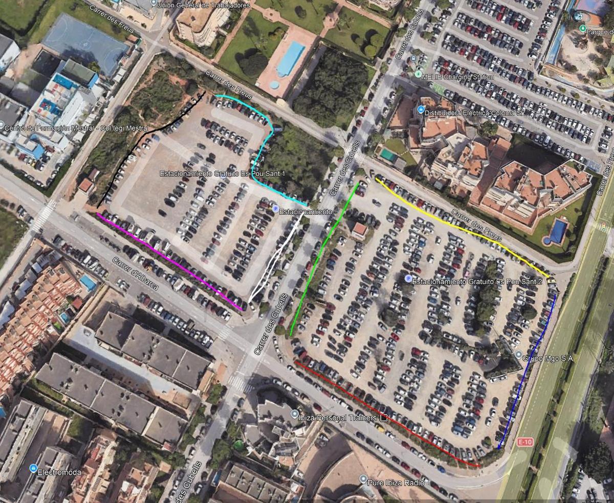 Plano con los colores que indican las zonas en las que no se puede aparcar.