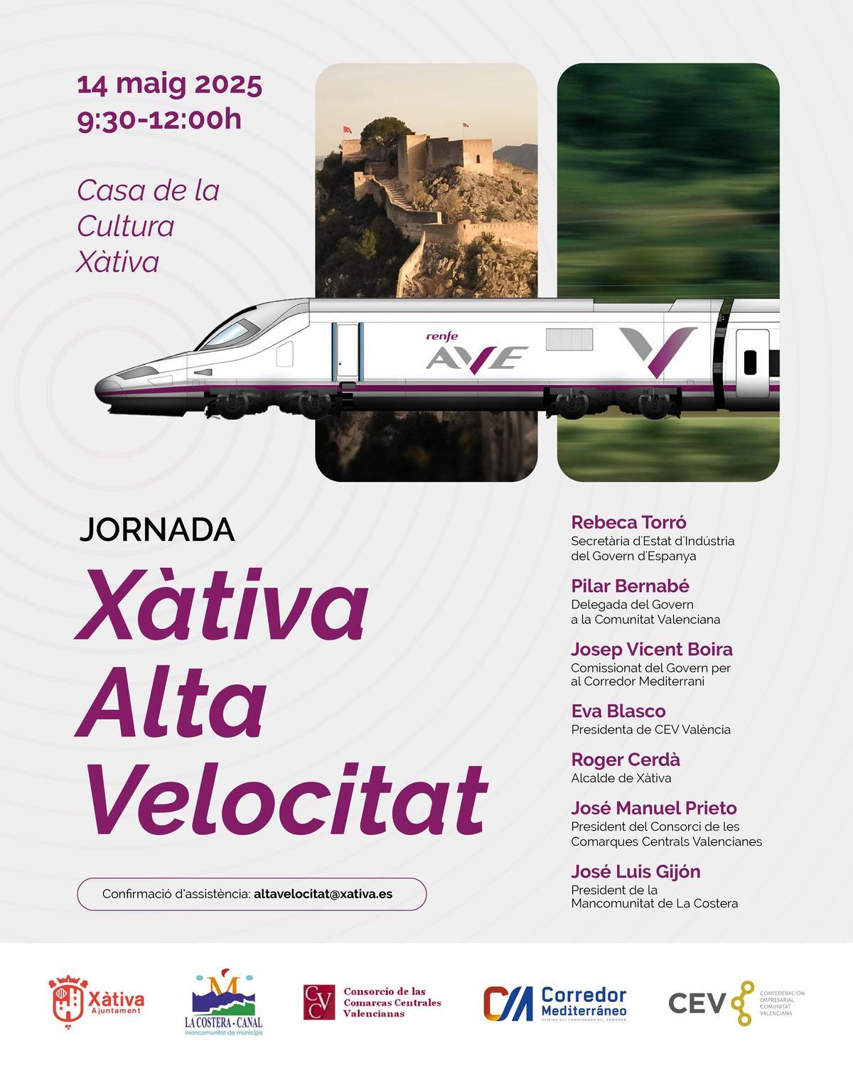 Cartel de la jornada de alta velocidad en Xàtiva.