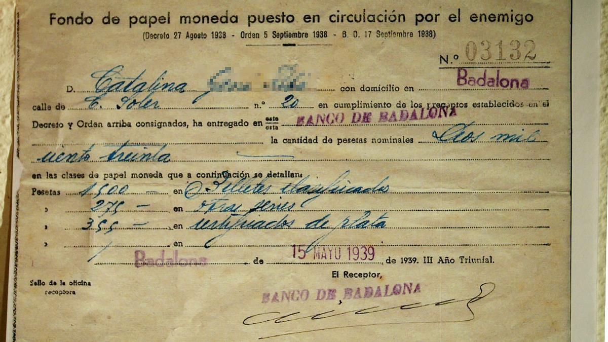 Un ejemplar del resguardo que entregaba el banco con el dinero incautado por el franquismo