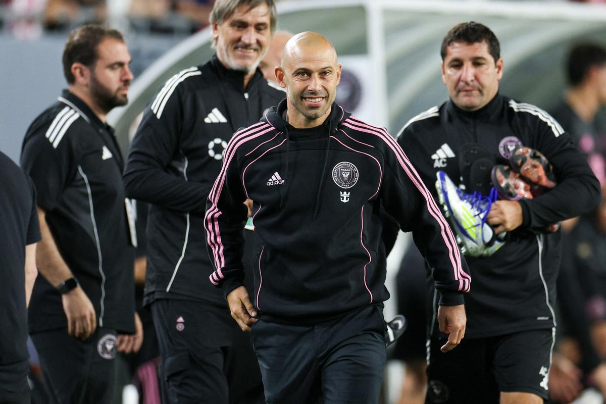 Feb 14, 2025; Tampa, FL, USA; Inter Miami CF head coach Javier Mascherano looks on after a match against the Orlando City at Raymond James Stadium. Mandatory Credit: Nathan Ray Seebeck-Imagn Images