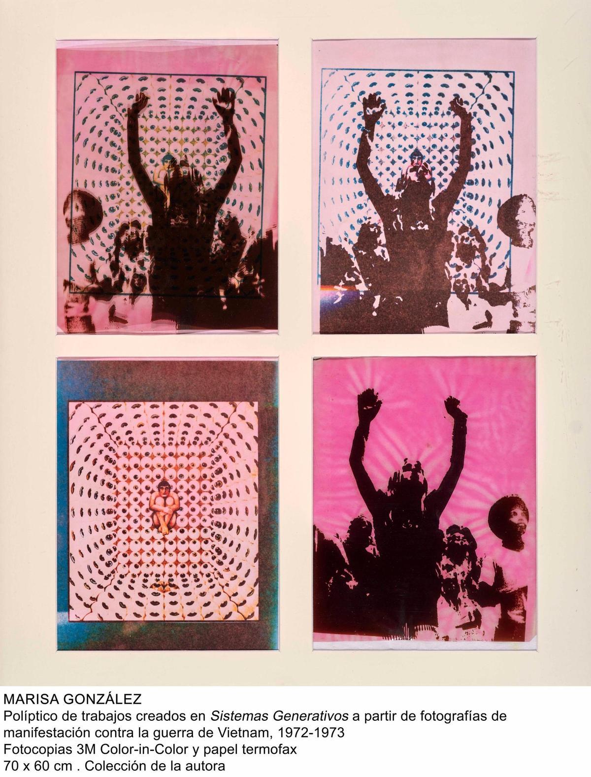 Políptico de trabajos creados en «Sistemas generativos», a partir de fotografías de manifestaciones contra la guerra de Vietnam, 1972-1973
