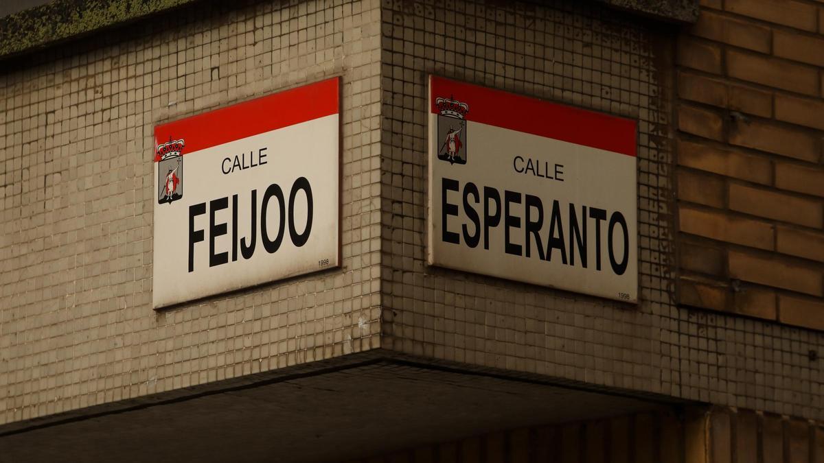 Placas de las calles Feijoo y Esperanto, en El Coto.