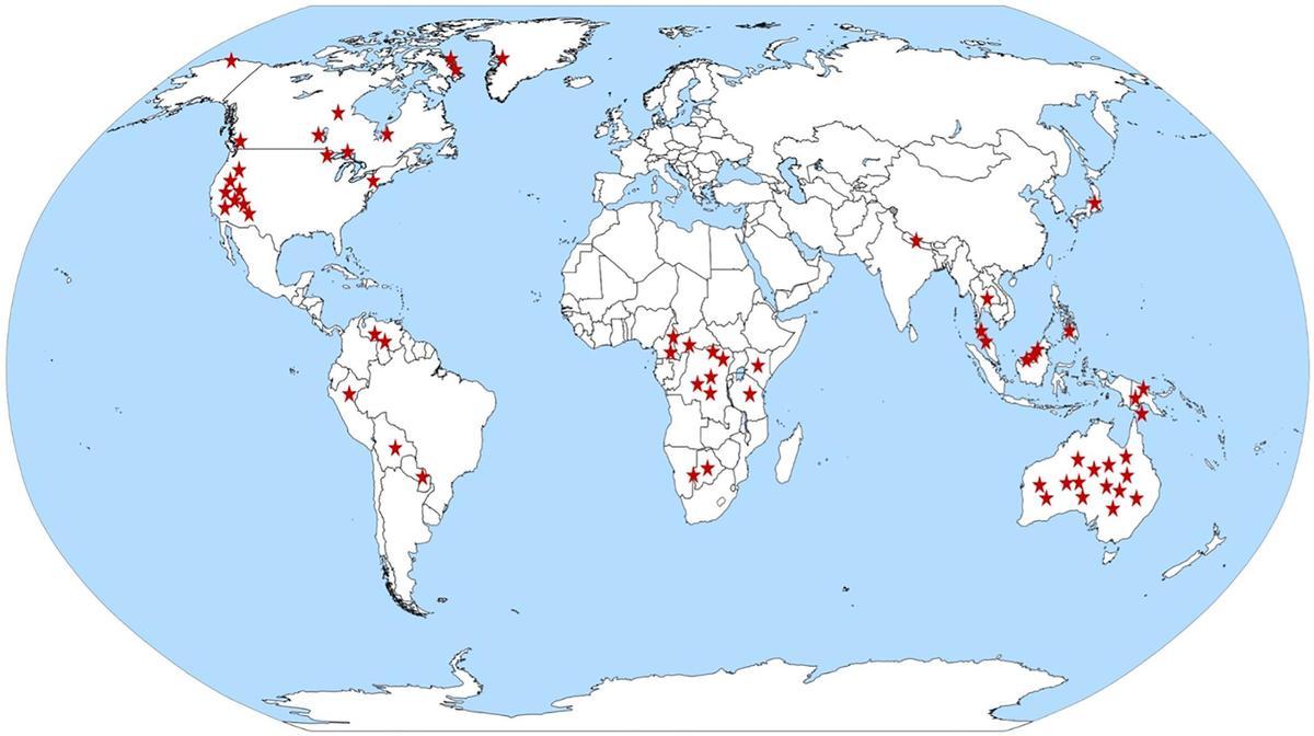 Mapa mundial de las ubicaciones de 63 sociedades forrajeras diferentes analizadas.