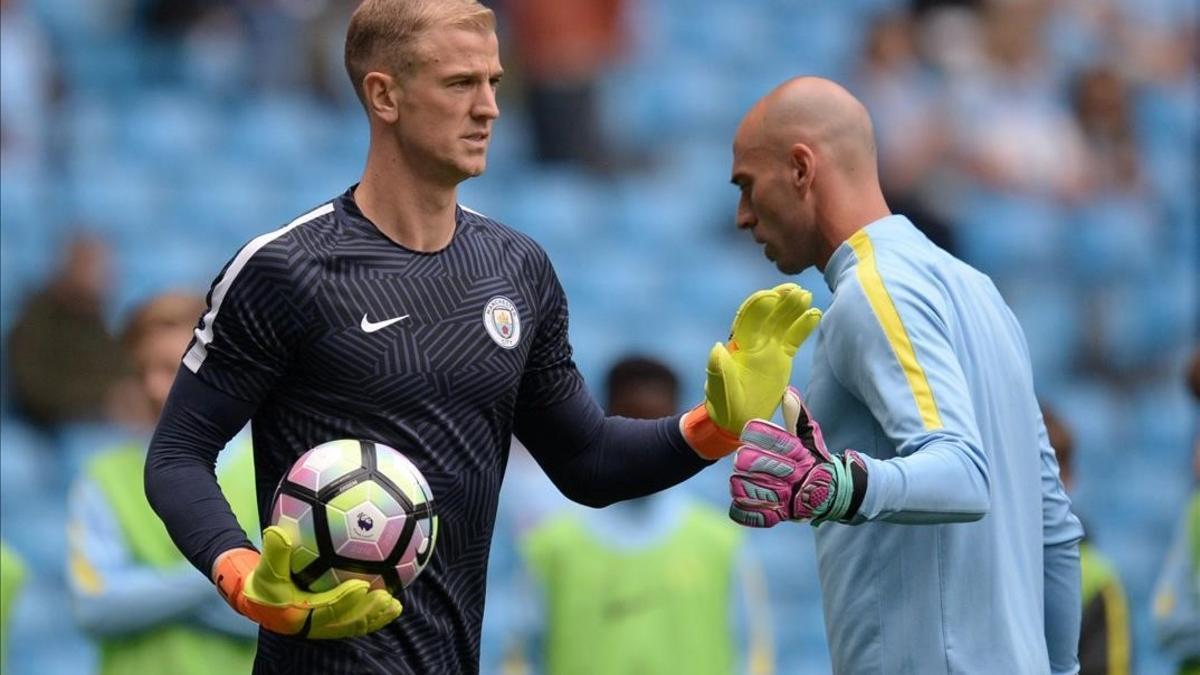 Hart y Caballero, antes de un partido del City.