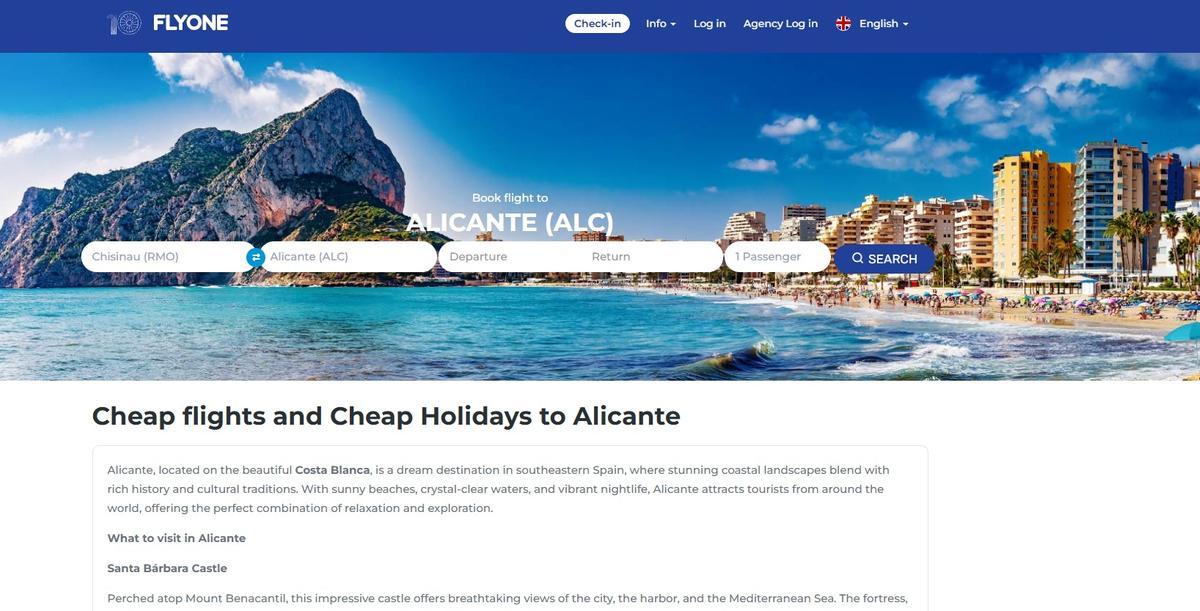 La página de FlyOne dedicada a la conexión con Alicante.
