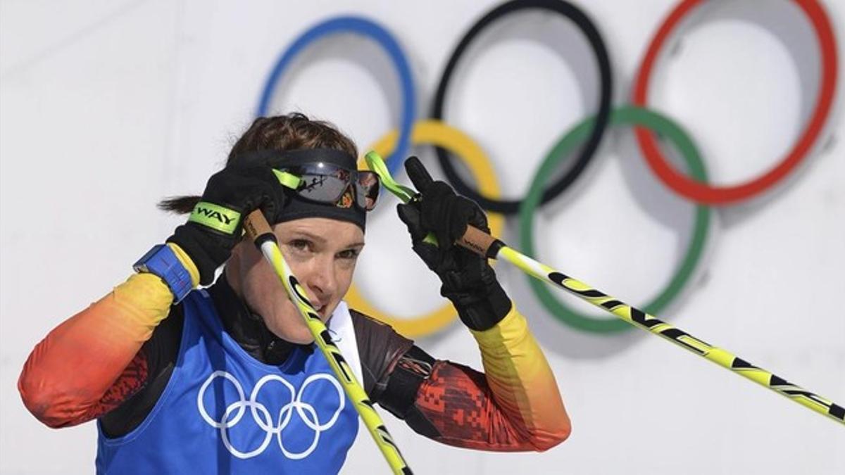 Evi Sachenbacher-Stehle durante un entrenamiento durante los Juegos Olímpicos de Invierno de Sochi