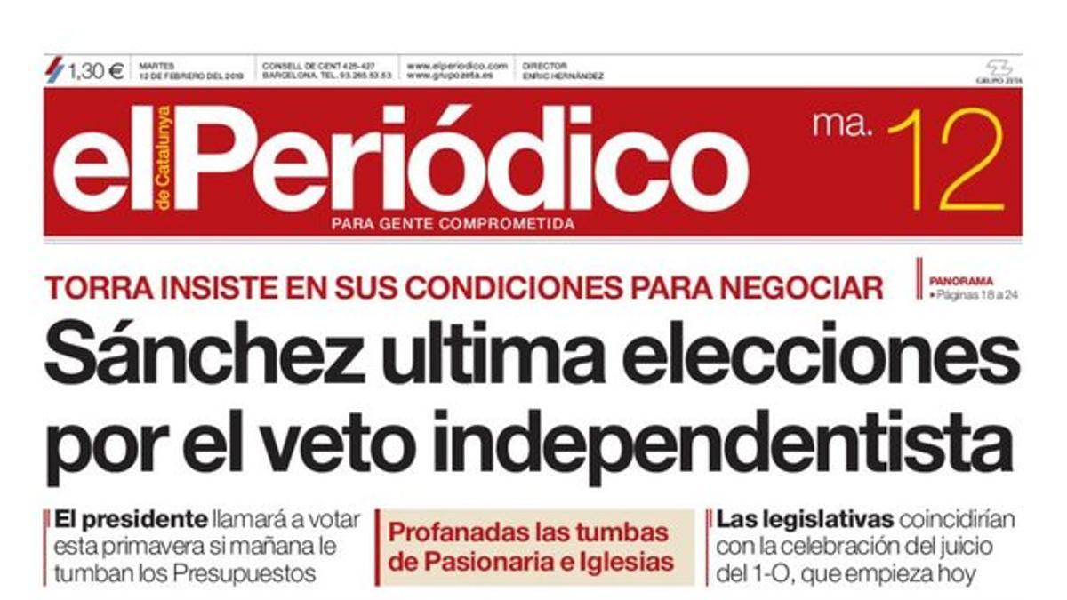 La portada de EL PERIÓDICO del 12 de febrero del 2019