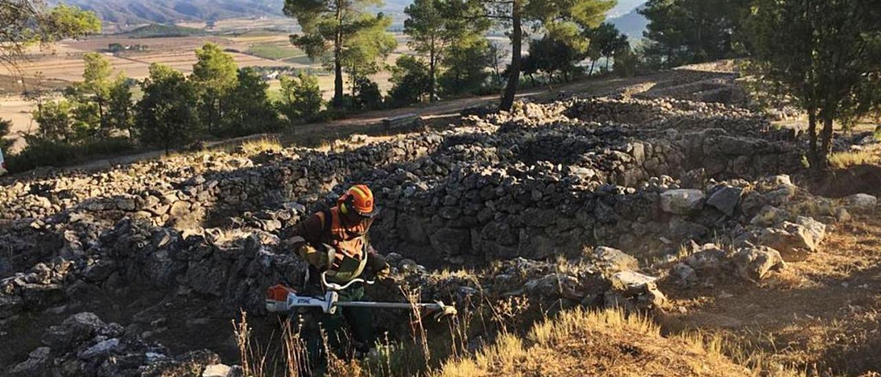 Imagen de uno de los operarios en su actuación en el poblado íbero de la Bastida, en Moixent.