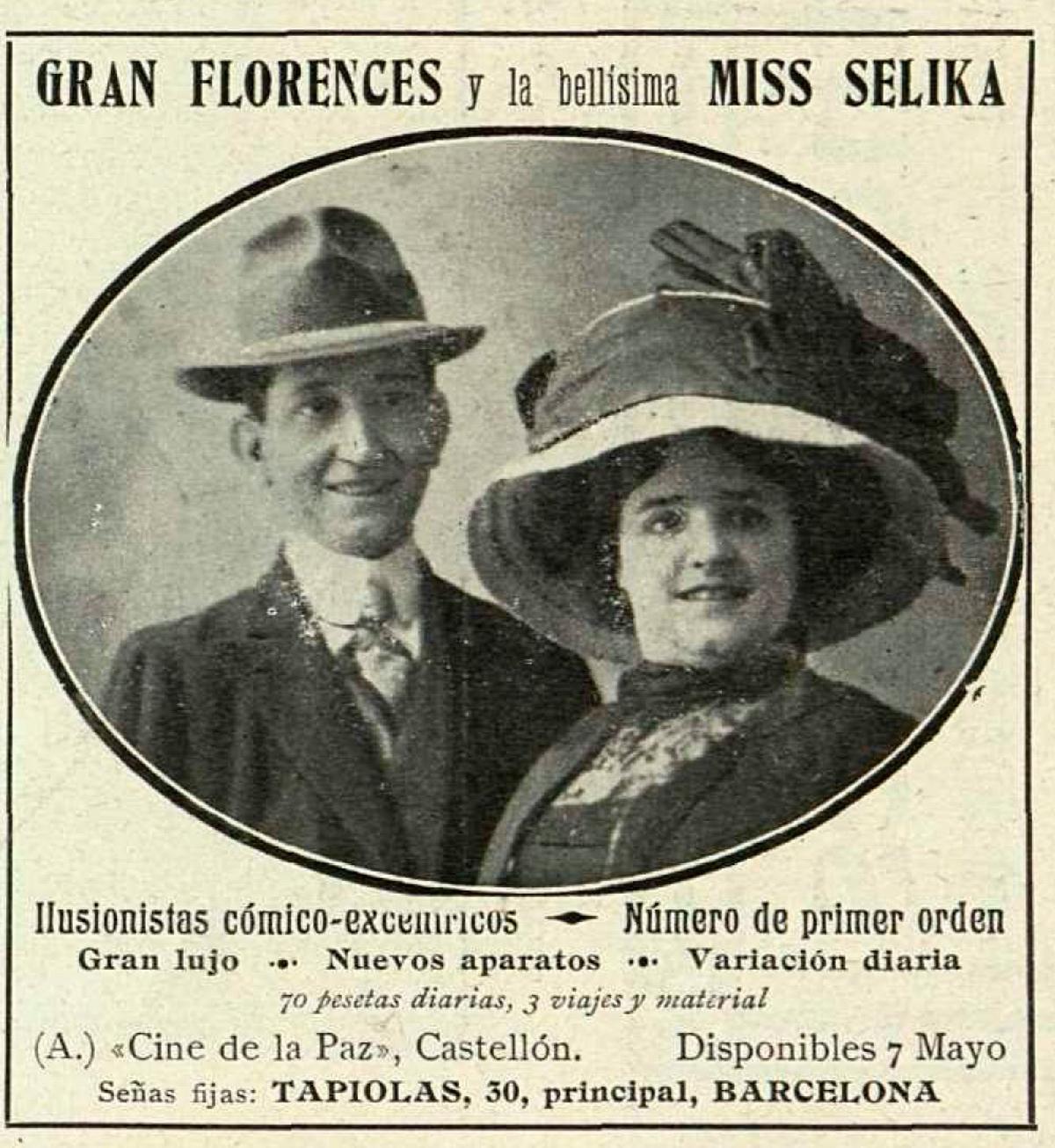 Florences Gili y Selika, su mujer y pareja artística, en un anuncio de la época.