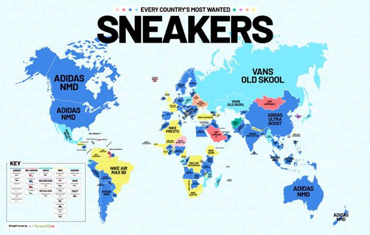 Las zapatillas más vendidas en cada país.