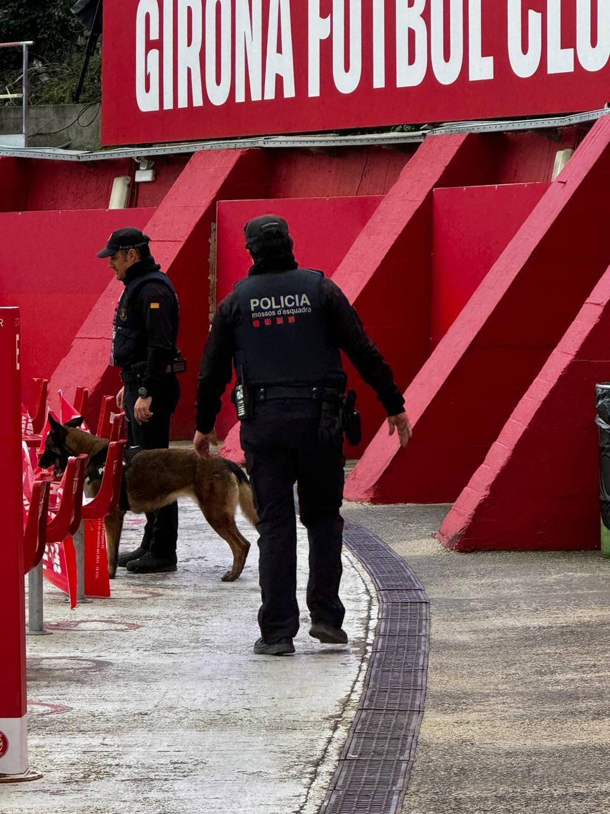 Efectius de la Canina durant un partit de Champions al camp del Girona FC, a Montilivi.